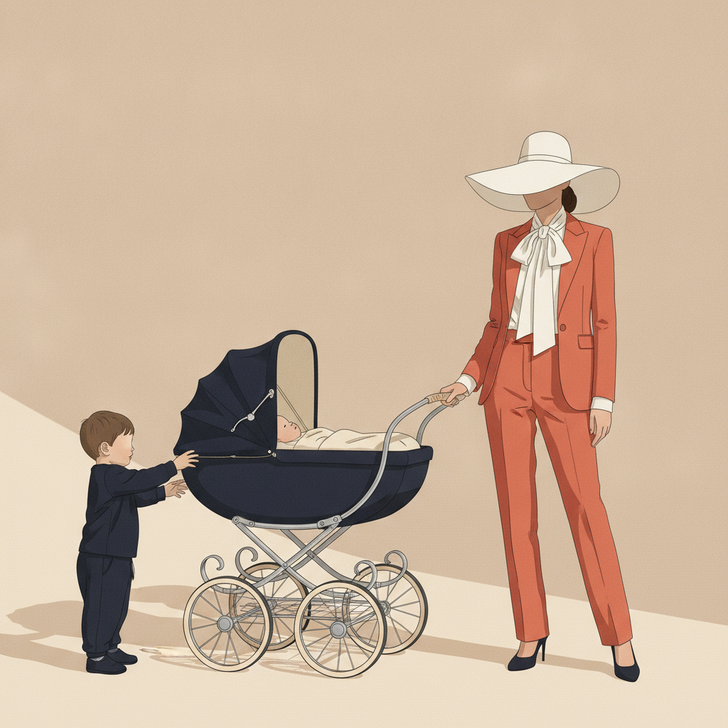 Illustration: scene shows a woman in an orange suit and wide white hat pushing a dark blue pram, with a young boy looking at the baby