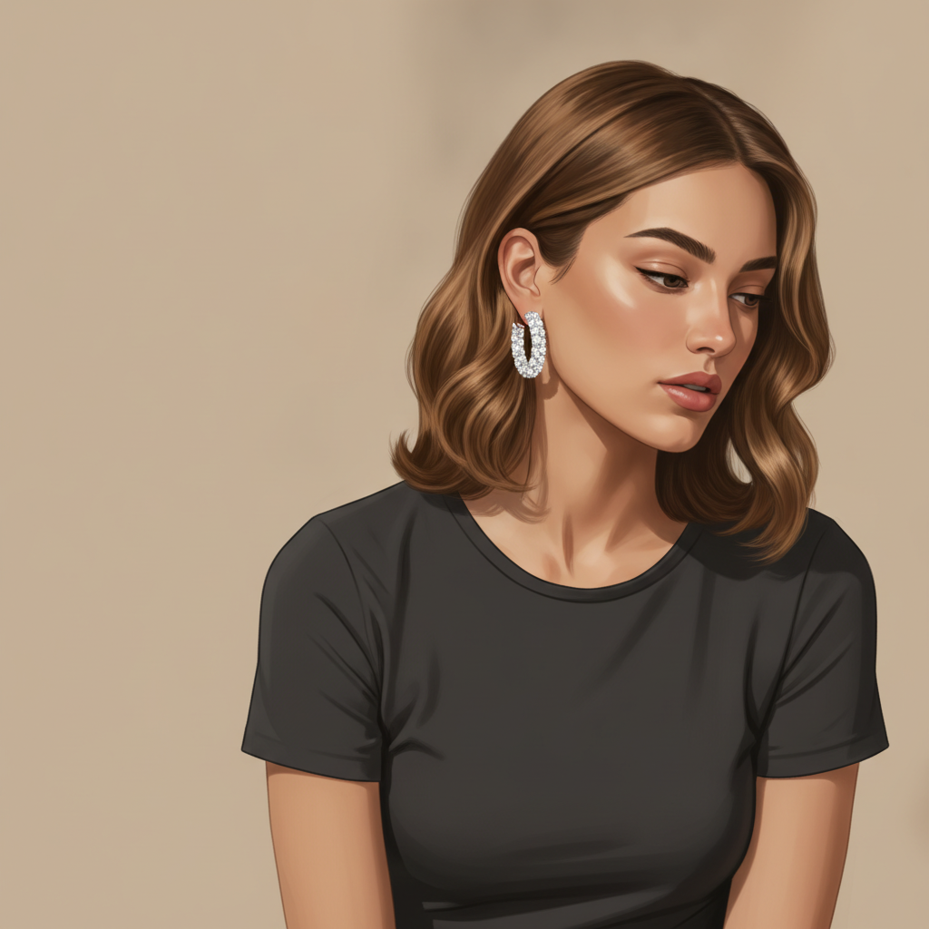 Illustration: a digital illustration of a woman with brown wavy hair wearing a black t-shirt and diamond hoop earrings