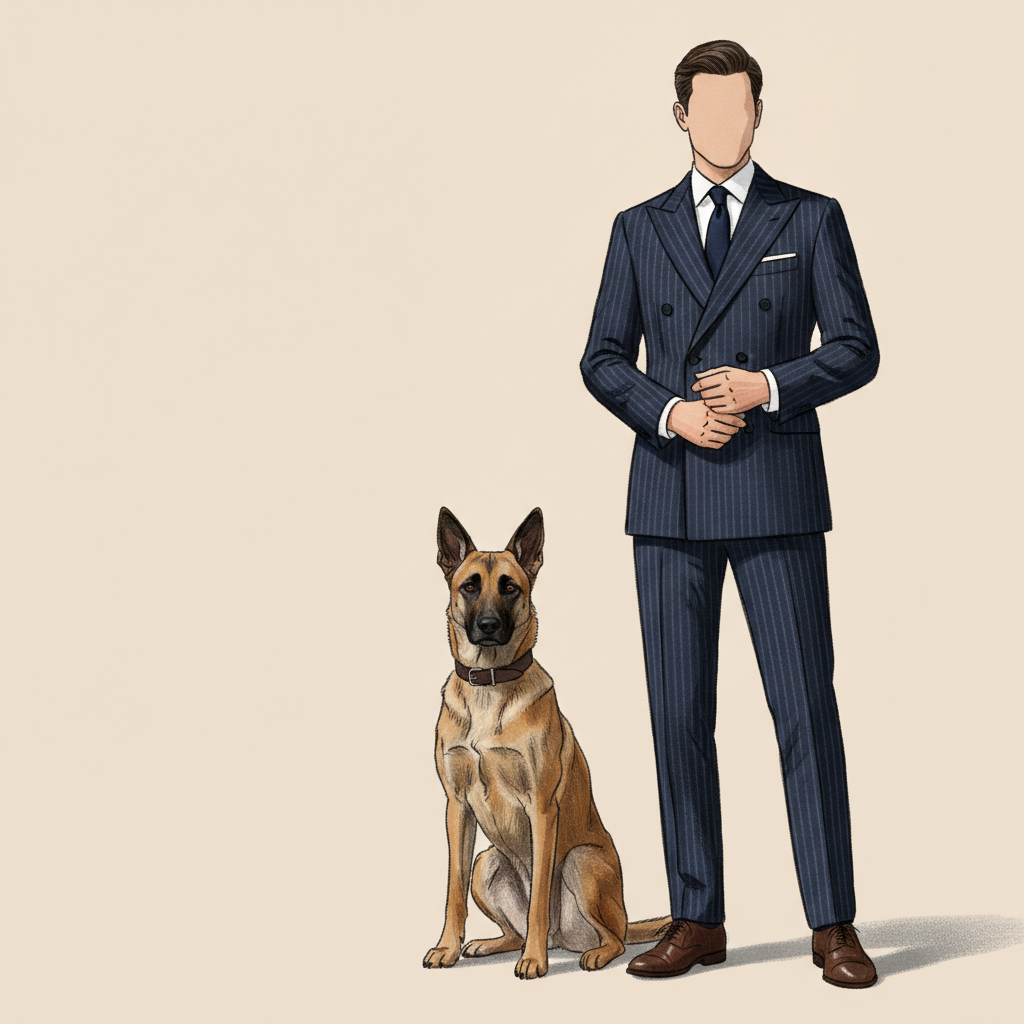 Illustration: man in a dark pinstripe suit stands next to a sitting tan dog wearing a brown collar on a light background