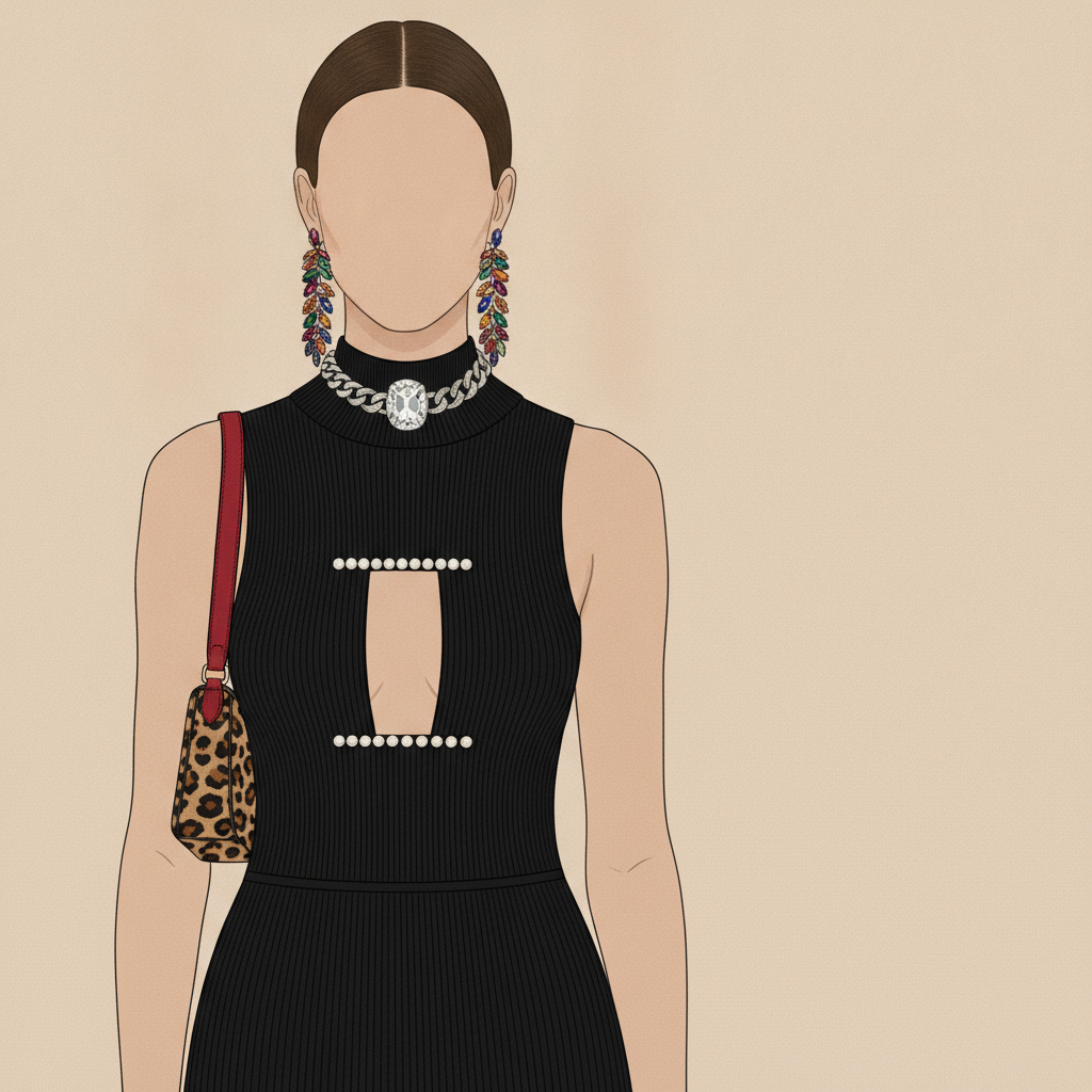 Illustration: a person in a black ribbed sleeveless dress with a pearl-lined cutout, colorful earrings, a diamond necklace, and a leopard print bag