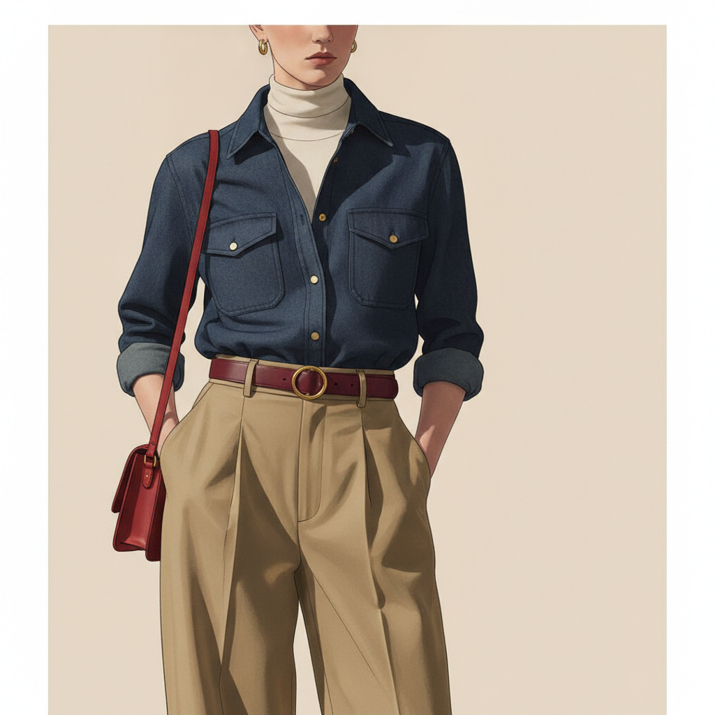 Illustration: a person wears a navy denim shirt, cream turtleneck, khaki pleated trousers with a red belt and matching shoulder bag