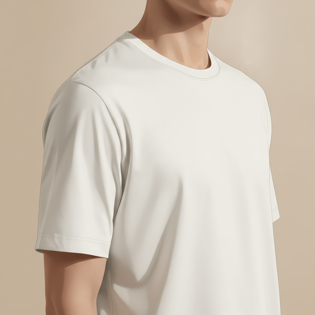 Illustration: a person wears a plain cream short-sleeved t-shirt, captured from the chest up against a light brown background