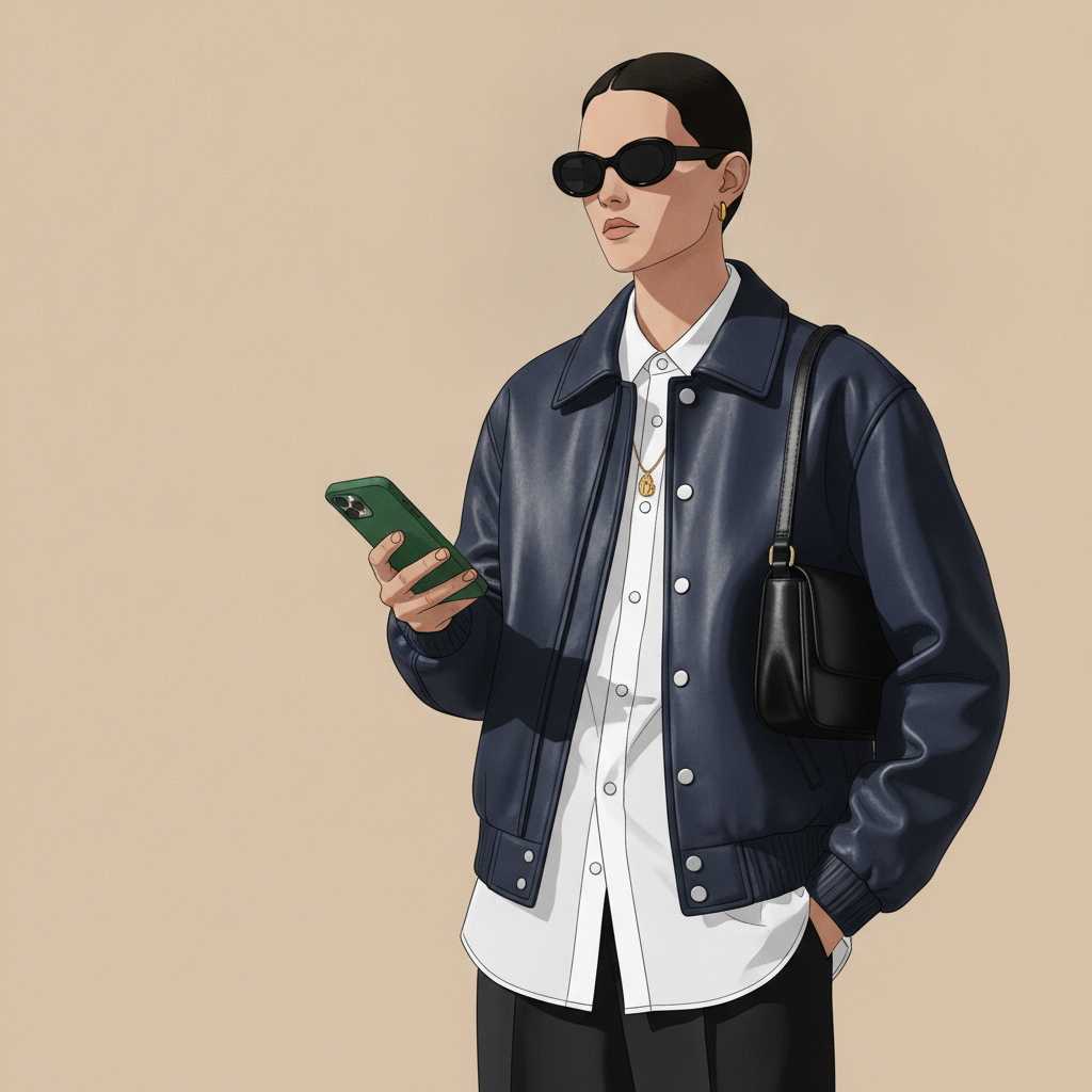 Illustration: a person in a dark blue leather jacket, white shirt, black pants, sunglasses, holding a green phone and carrying a black bag
