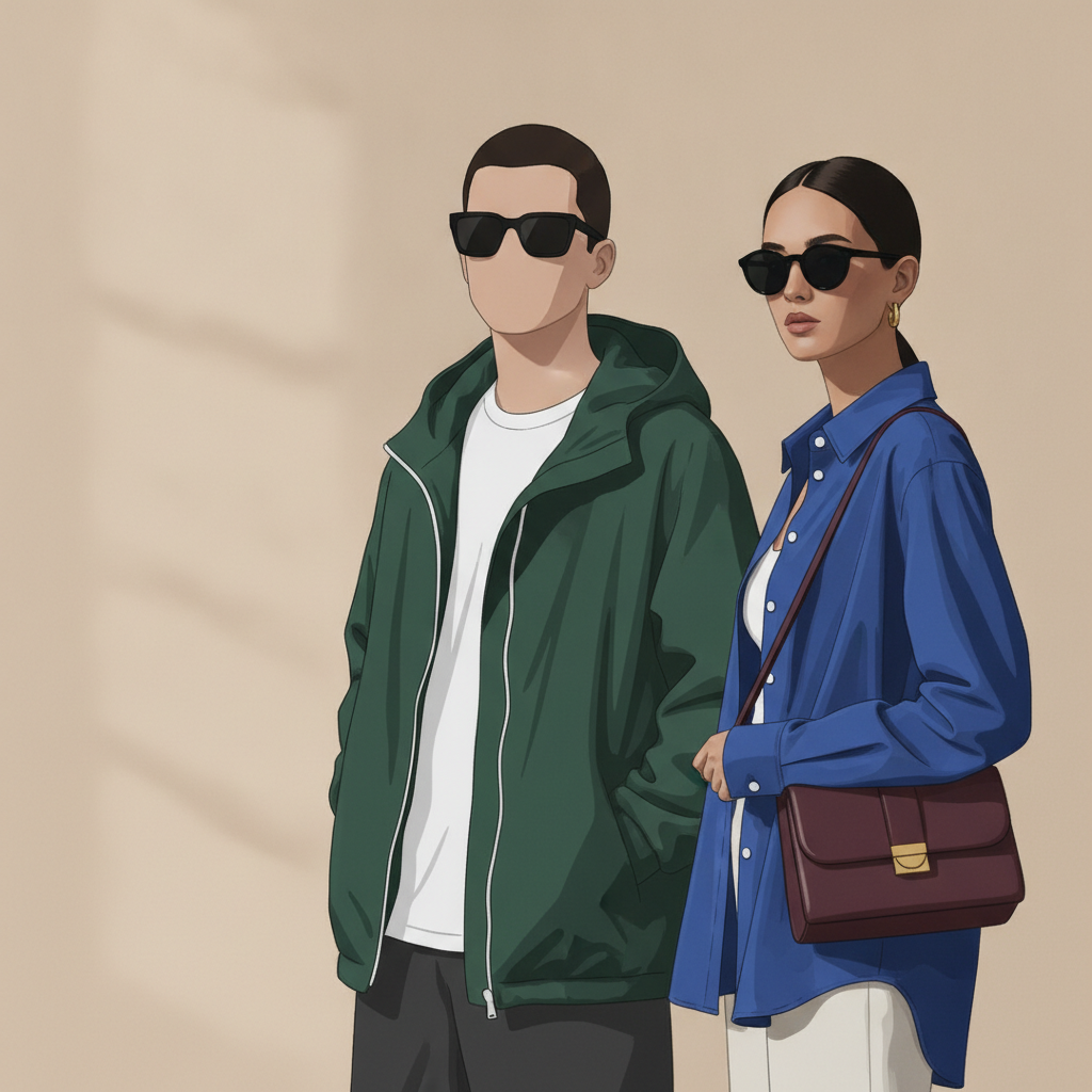 Illustration: man in a green jacket and a woman in a blue shirt with a red bag, both wearing sunglasses, stand against a beige background