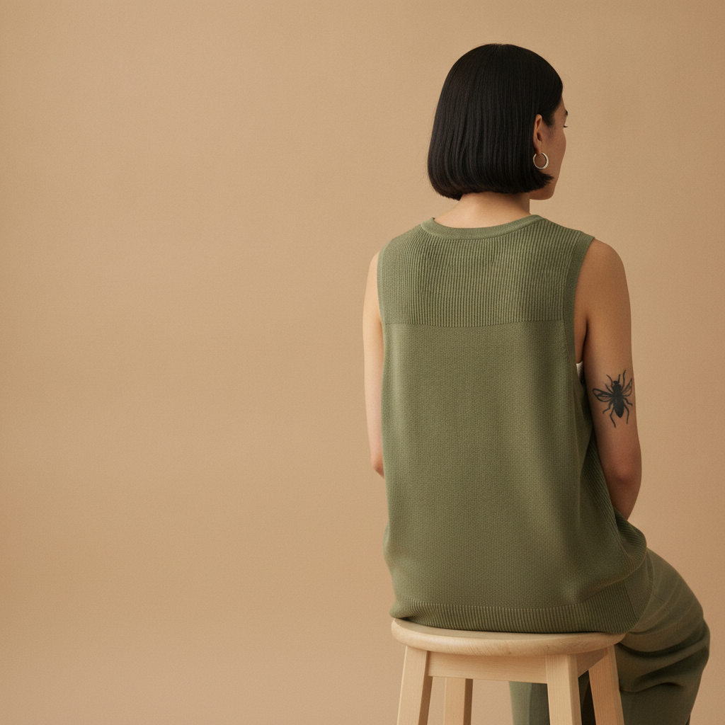 Illustration: a person with short dark hair is seen from the back, wearing a green knit top and pants, sitting on a wooden stool, with a spider tattoo on their arm