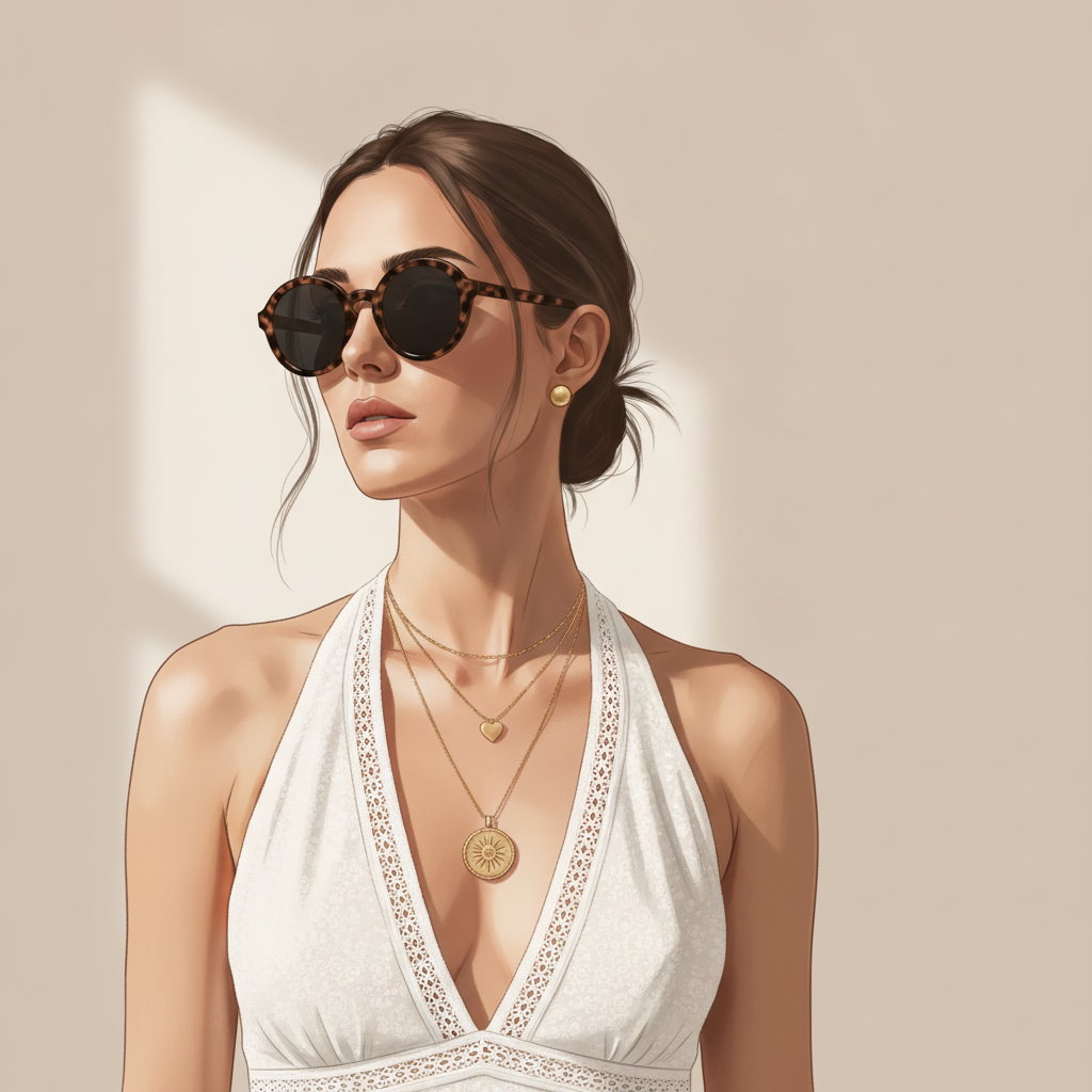 Illustration: a woman in a white lace-trimmed halterneck dress, tortoiseshell sunglasses, gold earrings, and layered gold necklaces
