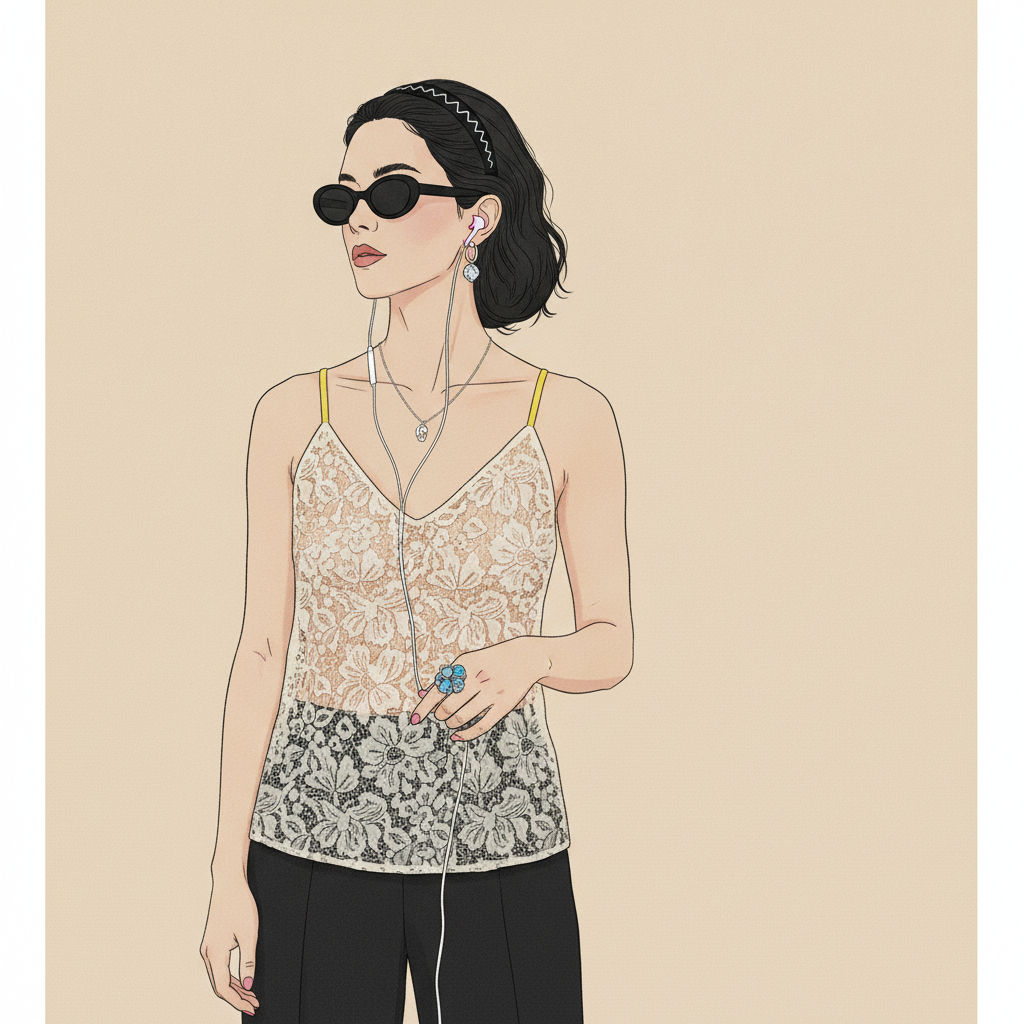 Illustration: a woman in a cream and black lace camisole, black sunglasses, and earphones, looking left against a plain background