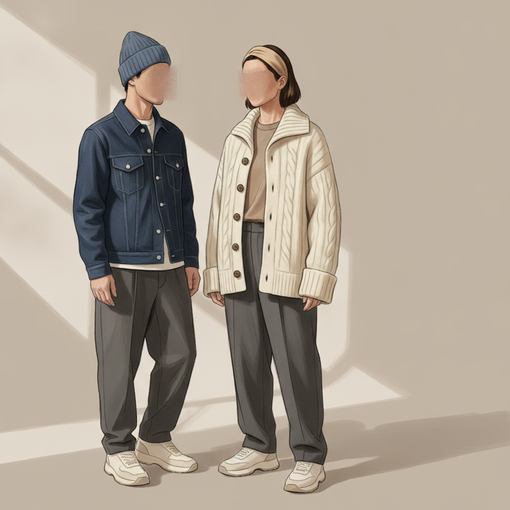 Illustration: a male figure in a blue beanie, denim jacket, and gray pants stands next to a female figure in a tan headband, cream cardigan, and gray pants